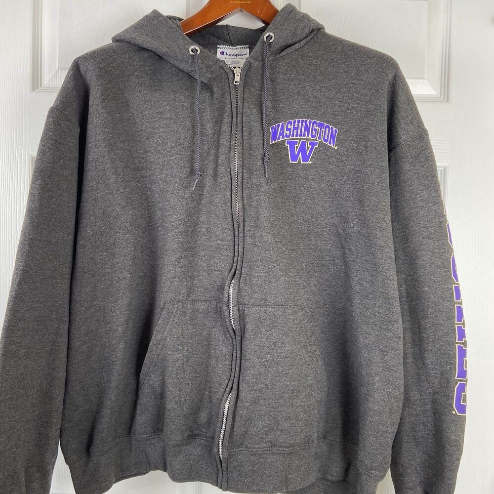 Champion Washington Huskies Logo Gray Hoodie Zip Up Sweatshirt Mens 2XL